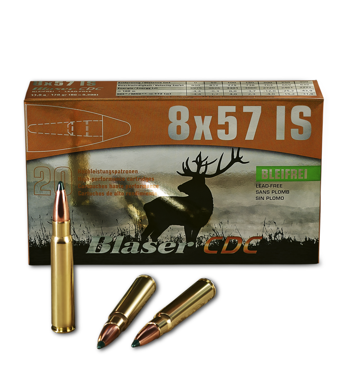 [Translate to Englisch:] Blaser Munition Controlled Deformation Copper 8x57 IS Verpackung