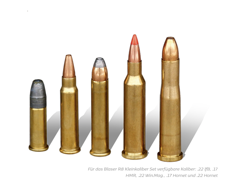 Calibers available for the Blaser R8 small caliber set: .22lfB, .17 HMR, .22 Win. Mag., .17 Hornet, .22 Hornet